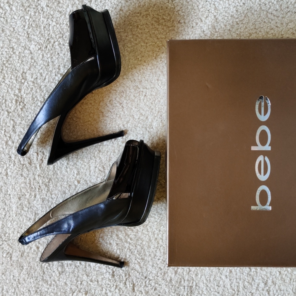 bebe Black Patent Peep-Toe Slingback Platform Heels